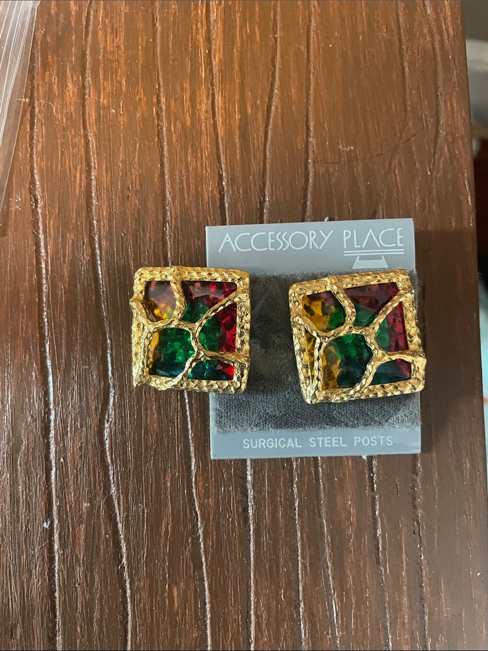 Vintage “new old Stock”Gold-Tone Square Earrings with Red, Green & Yellow Stones